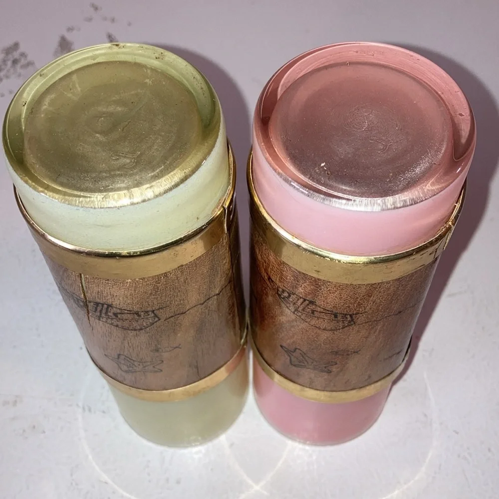 Libbey Palm Royale Tall MCM Frosted Glasses W/ Wood Tiki Bands Gold Pink Green